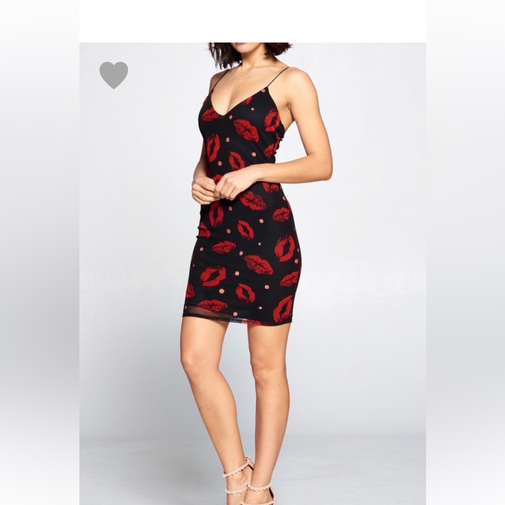 Black Slip Dress with Red Lip Print 90s vibe